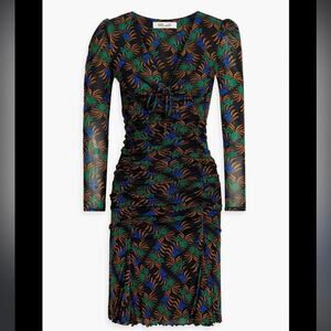 Diane Von Furstenberg Vladimir Printed Ruched Mesh Long Sleeve Dress